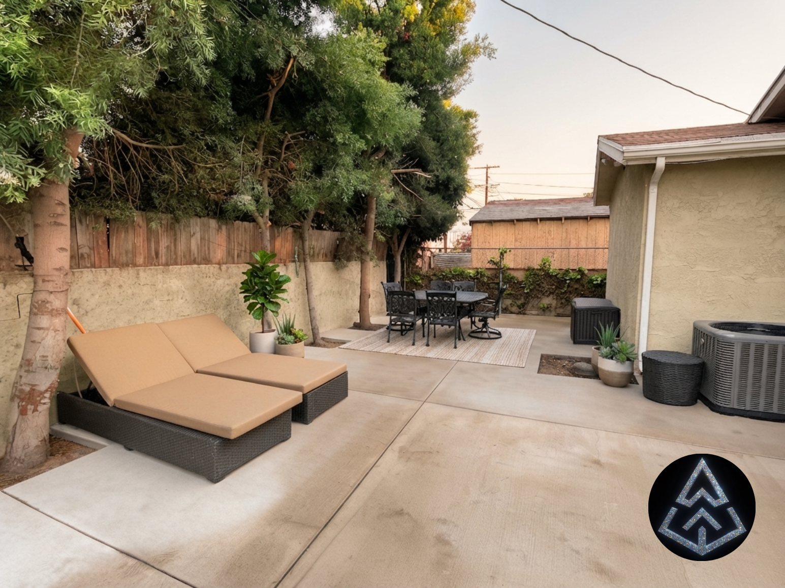 Private backyard patio with a double sun lounger, outdoor dining set, potted plants, and mature trees