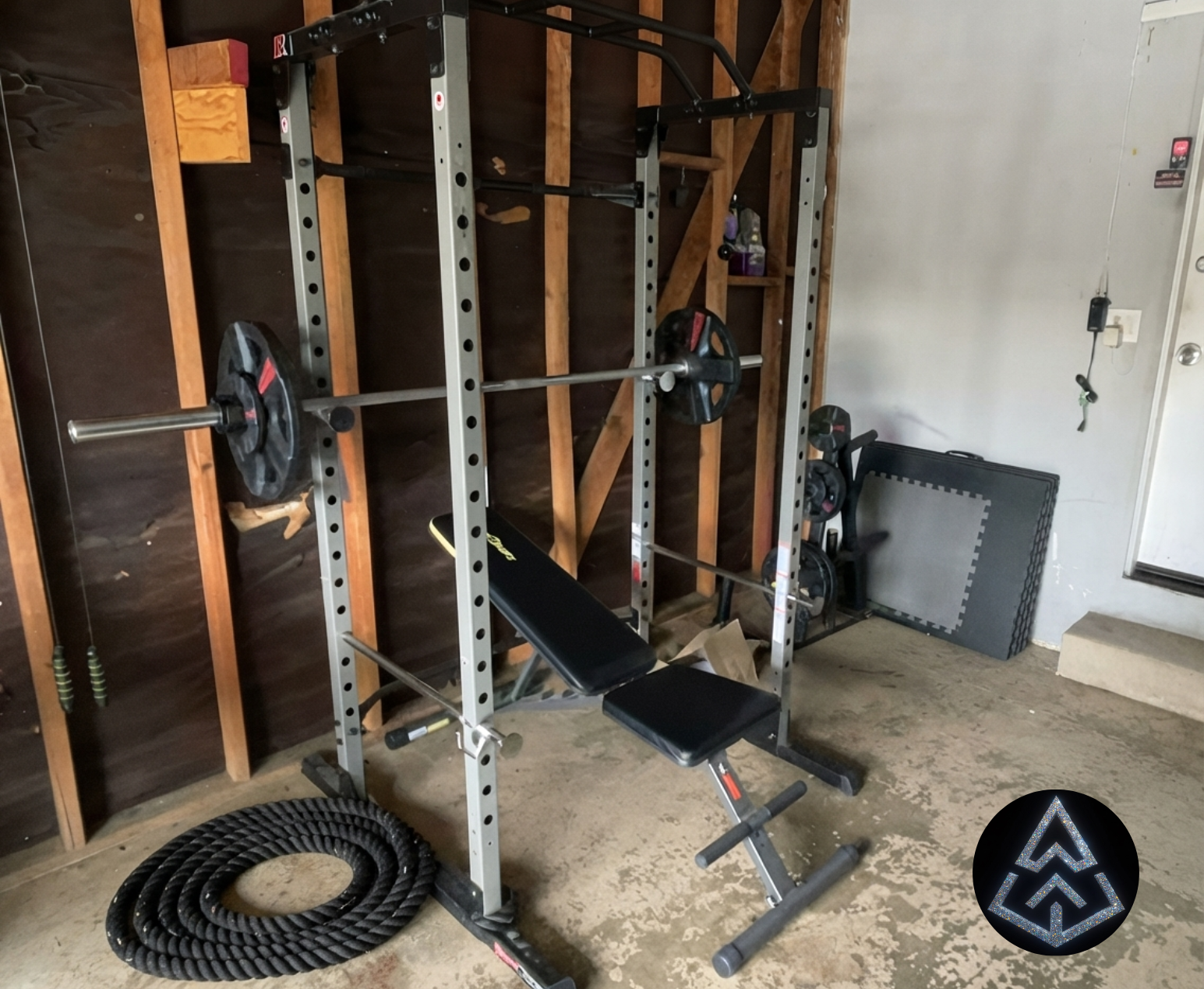 Garage home gym with a power rack, loaded barbell and plates, adjustable bench, and battle rope
